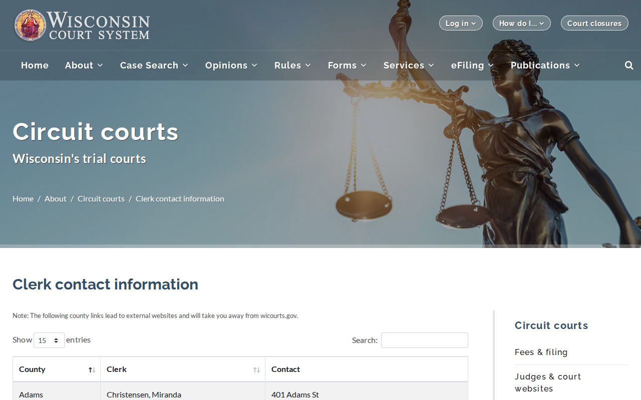 Wisconsin directory listing for the Eau Claire County Clerk of Circuit Court