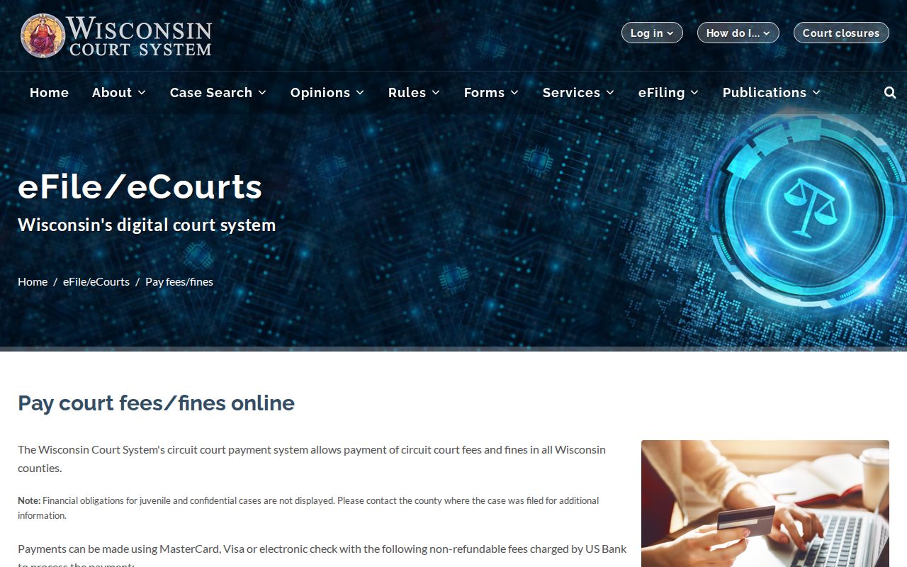 Wisconsin online court-debt payment page for an Eau Claire County court balance