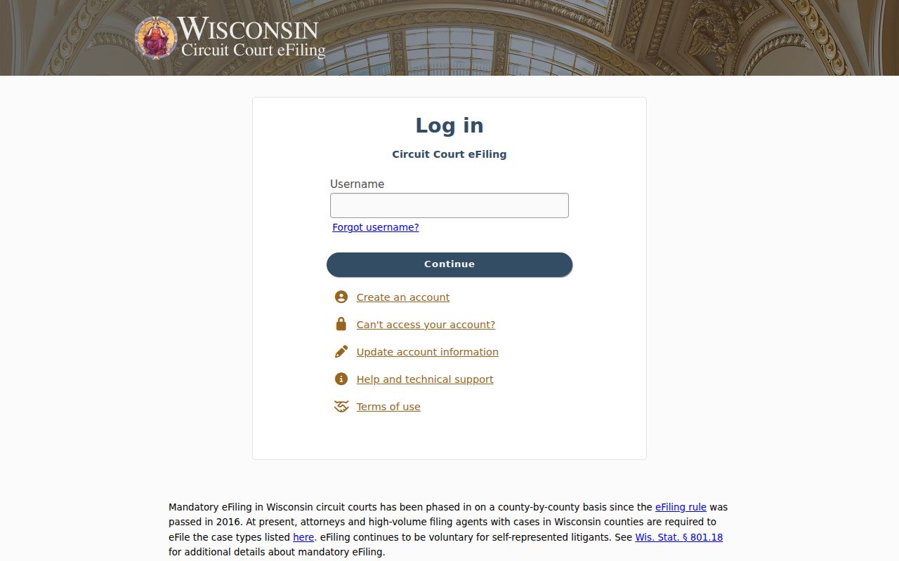 Registered Wisconsin eFiling login compared with Eau Claire County public case search