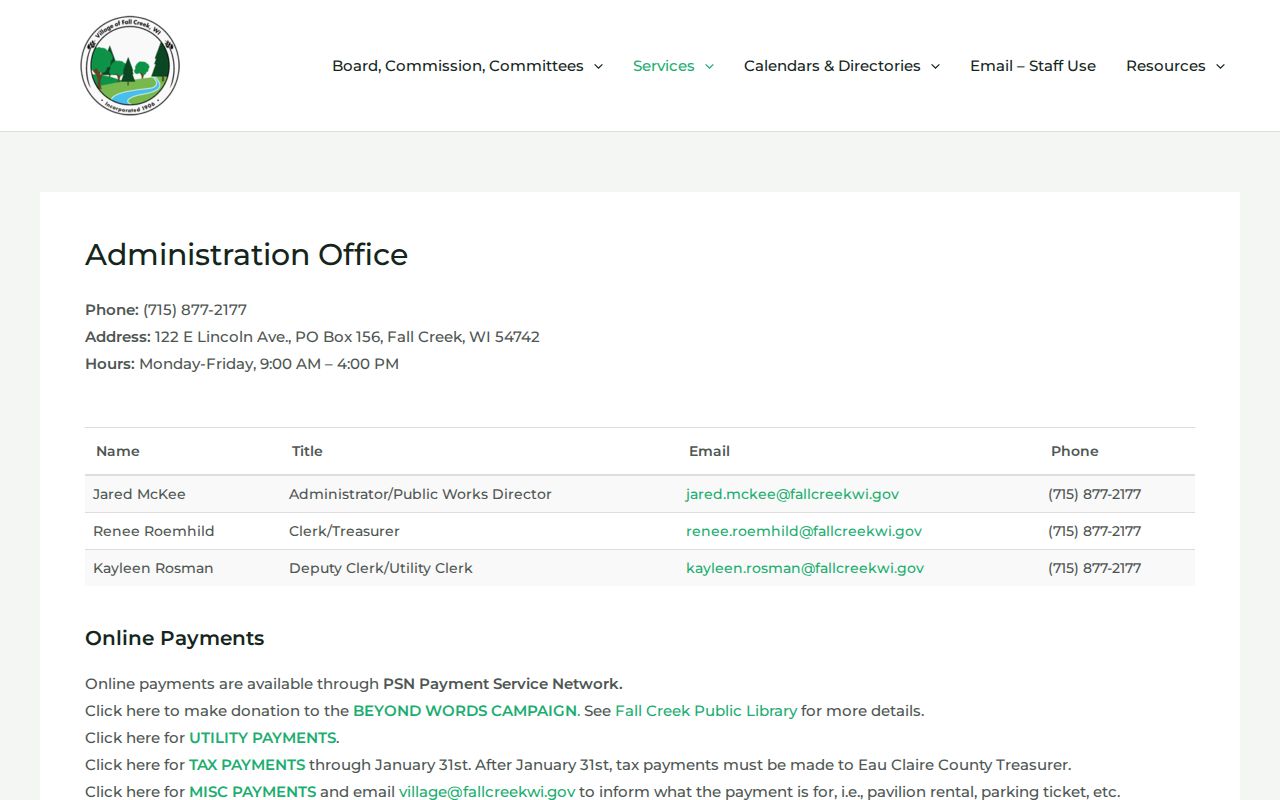 Fall Creek village Clerk-Treasurer office and payment information